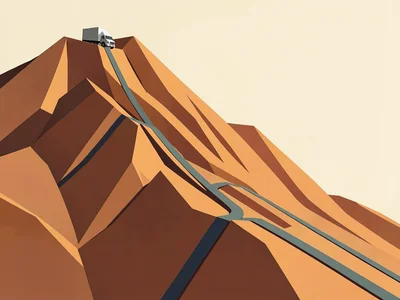 Mountain truck route ribbons up a copper massif under a sun-bleached cream sky, 