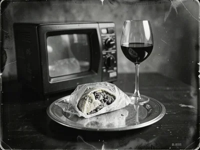 A microwave burrito still in its torn plastic sleeve on a silver charger plate w