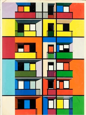 Apartment block balconies flattened to stacked primary color rectangles