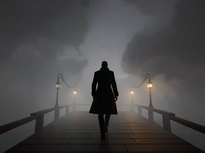 Tall coat-wearing silhouette walking away across an empty pier toward a rolling