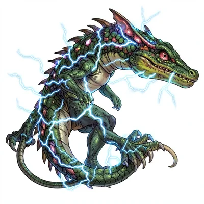 Fantasy creature illustration, an electric eel dragon hybrid, crackling with bio