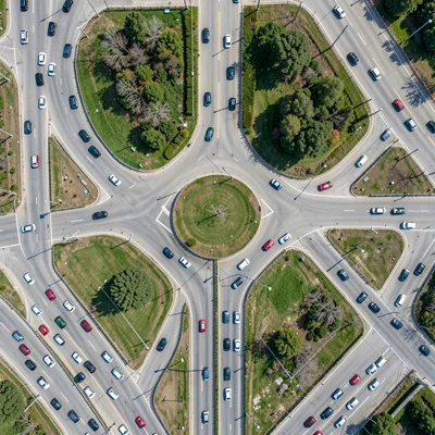 Highway cloverleaf interchange, cars frozen in circular patterns