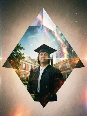 Double exposure of graduate with campus architecture, geometric overlay
