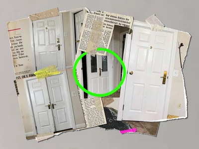 Layered collage of multiple identical doors photographed at different scales, ta