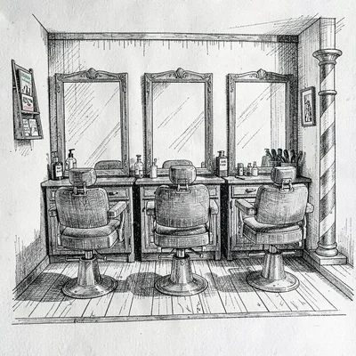 A small old-school barbershop floor plan with three barber chairs facing wide mi