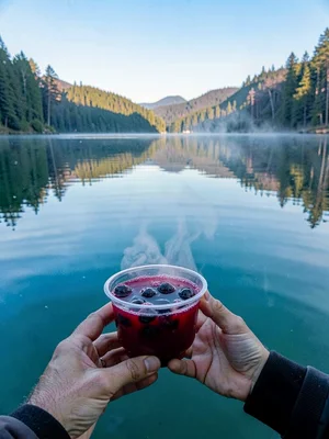 Finnish lake mirror, dead-calm reflection, hands holding a cup of warm berry jui