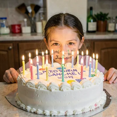 A birthday cake with too many candles, birthday girl's face half-obscured by che