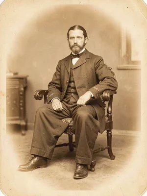A Victorian carte-de-visite portrait — full-length seated figure, soft vignette