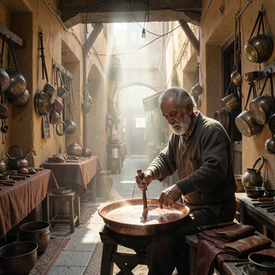 Fes medina light penetration, souk depth, elderly craftsman hammering copper tra