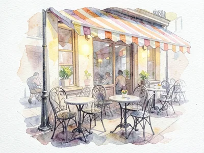 A café terrace in Paris, wrought-iron chairs and small round tables, a striped a