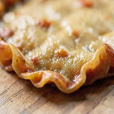 Macro of a single dried lasagna sheet, ruffled edge