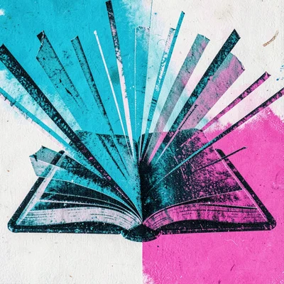 Risograph poster composition of an open book emitting paper soundwaves, cyan and