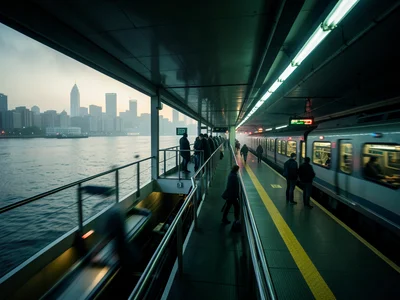 A commuter ferry crossing a harbor, passengers on the open deck, the city skylin