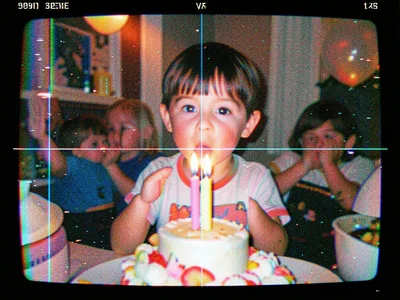 A birthday party with a child blowing out candles, frozen mid-breath with tracki