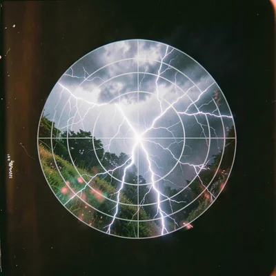 Concentric circles overlaid on a lightning storm, rings of geometry containing c
