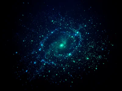 Bioluminescent plankton creating a galaxy-like pattern in dark water, blue-green