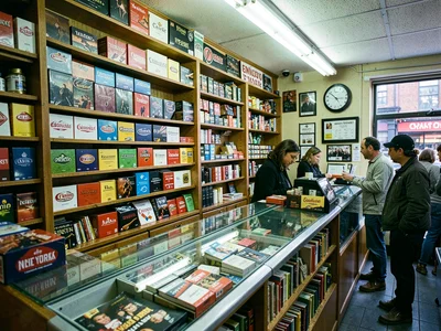 Cigarettes behind counter, organized by brand, the regulated wall