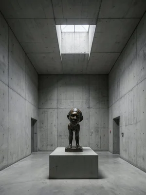 African bronze sculpture in brutalist gallery, raw concrete, single skylight bea