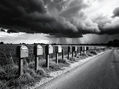 A row of mailboxes on a rural road, each at a slightly different angle, storm cl