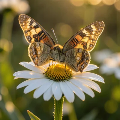 Butterfly with wings spread open resting on a daisy, every scale visible