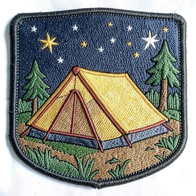 Embroidered patch illustration, Tent under starry sky , merit badge aesthetic, e