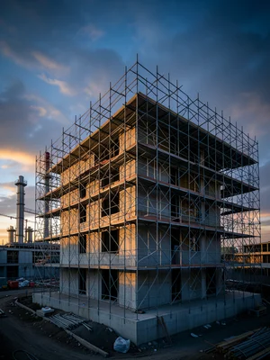 Scaffolding covering a building face, the regular grid of poles and platforms cr