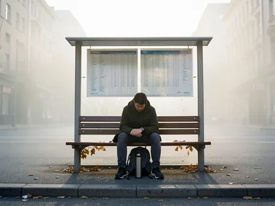 A bus stop bench at 7:15am, one person sitting with a thermos and a backpack bet
