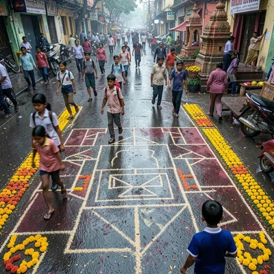 Looking down at Chennai's overlooked patterns, Faded kolam being walked over by 