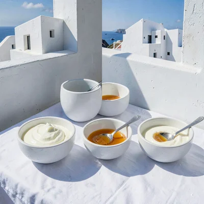 Cycladic whitewash study, Greek island lime, Fresh yogurt and honey in white bow