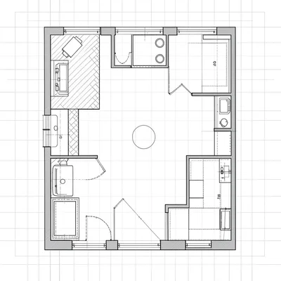 Blueprint-style top-down floorplan showing feeder placement in a kitchen, faint