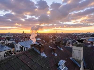 Rooftop view of town, chimney smoke, cats on rooftops, sunset clouds