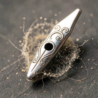 Macro of a polished steel nib with engraved scrollwork, fiber halo of dust aroun
