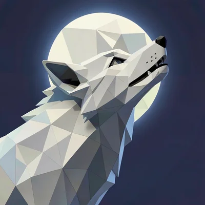 Low-poly illustration, geometric wolf howling at moon , faceted geometric surfac