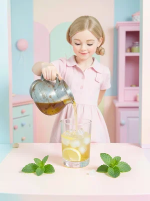 Person pouring lemonade from vintage pitcher into glass, ice cubes, mint