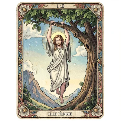 Tarot card illustration, The Hanged Man suspended from tree, serene expression, 