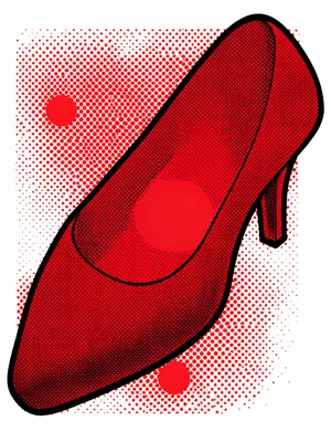 High-heeled shoe close-up, flat red with halftone shading, white ground
