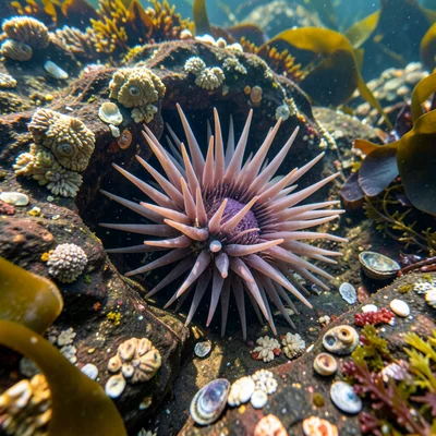 Purple sea urchin in rock hollow, spines radiating in all directions, tube feet 