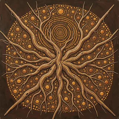 Indigenous Australian dot painting illustration, wild yam roots spreading throug