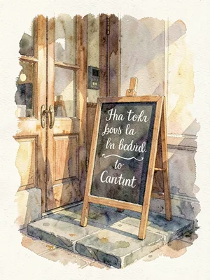 Atmospheric watercolor of the shop's hand-lettered chalkboard easel by the door,