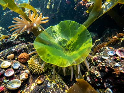 Sea lettuce (Ulva) frond backlit in tide pool, translucent green membrane with c