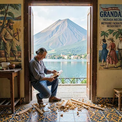Colonial color against volcano in Granada, Nicaragua, An artisan carving mahogan