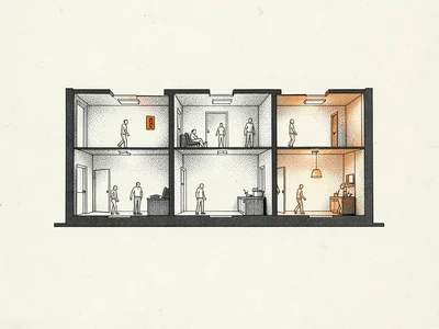 Orthographic elevation of three connected rooms reveals tiny line-figure people