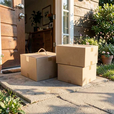 Lifestyle product photograph, Multiple packages arriving at doorstep, delivery d