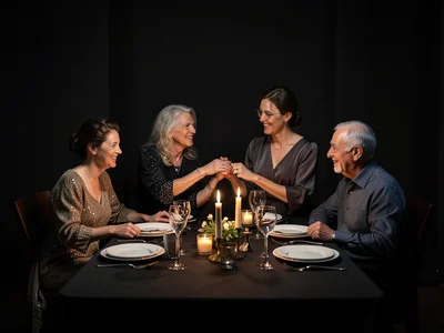 Multigenerational family holding hands for grace before meal, table set, candles