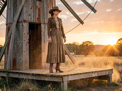 Celine dress on windmill platform, prairie sunset, isolated fashion moment