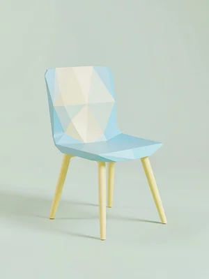 Backed sky-blue lowpoly dining chair with a triangulated cream backrest and butt