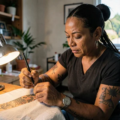 A focused Pacific Islander tattoo artist in her thirties pricking a careful line