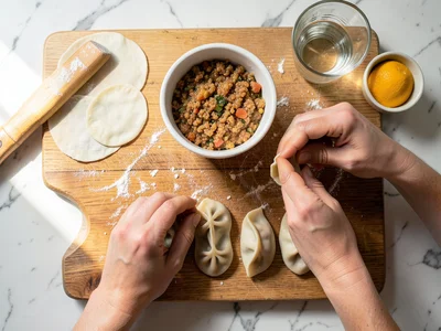 Dumpling-making: wrappers, a bowl of filling, a small dish of water, hands pinch