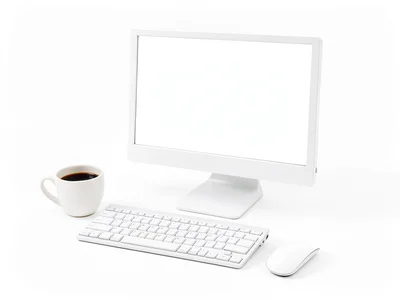 White keyboard and mouse on white desk, white monitor showing white screen, sing