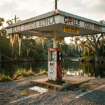 Atmospheric photograph with Louisiana bayou sensibility, Gas station with single